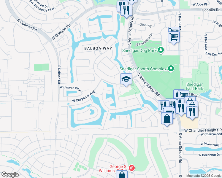 map of restaurants, bars, coffee shops, grocery stores, and more near 4590 South Verbenia Court in Chandler