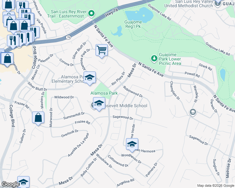 map of restaurants, bars, coffee shops, grocery stores, and more near 5370 Rio Plata Drive in Oceanside