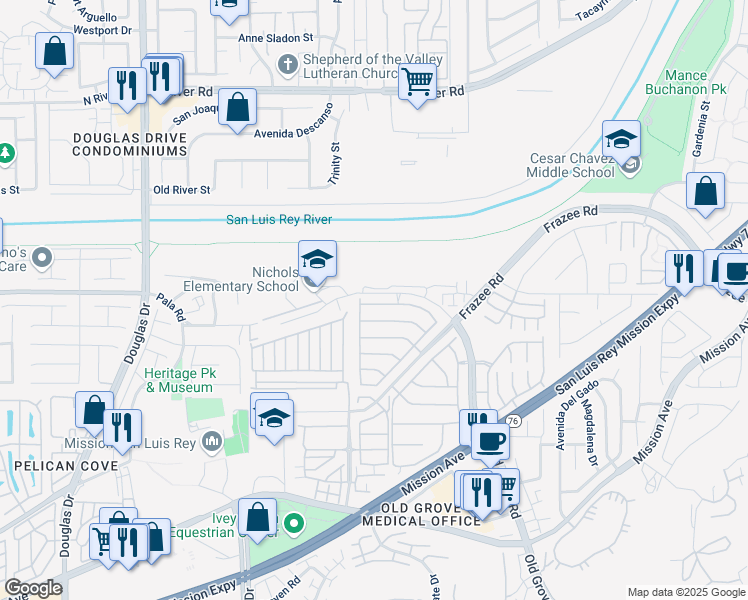 map of restaurants, bars, coffee shops, grocery stores, and more near 399 Alamo Way in Oceanside