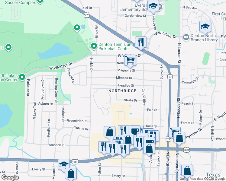 map of restaurants, bars, coffee shops, grocery stores, and more near 617 Headlee Street in Denton