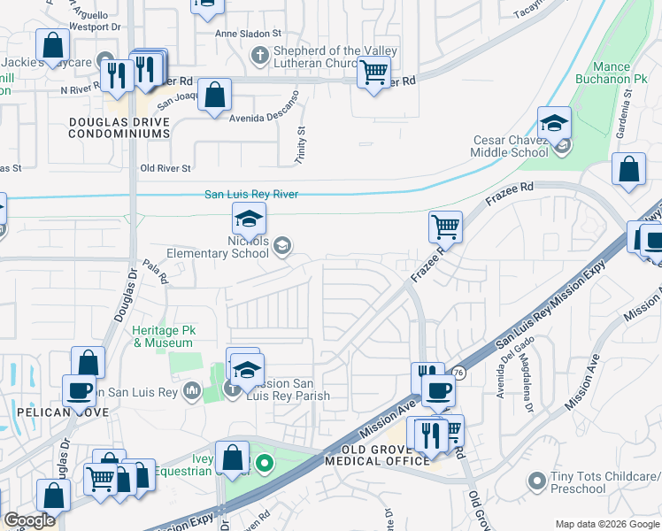 map of restaurants, bars, coffee shops, grocery stores, and more near 4306 Vista Verde Way in Oceanside