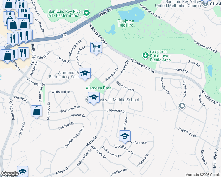 map of restaurants, bars, coffee shops, grocery stores, and more near 5370 Rio Plata Drive in Oceanside