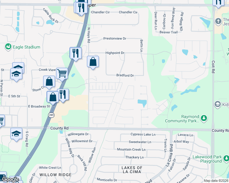 map of restaurants, bars, coffee shops, grocery stores, and more near 1816 Ridgewood Drive in Prosper