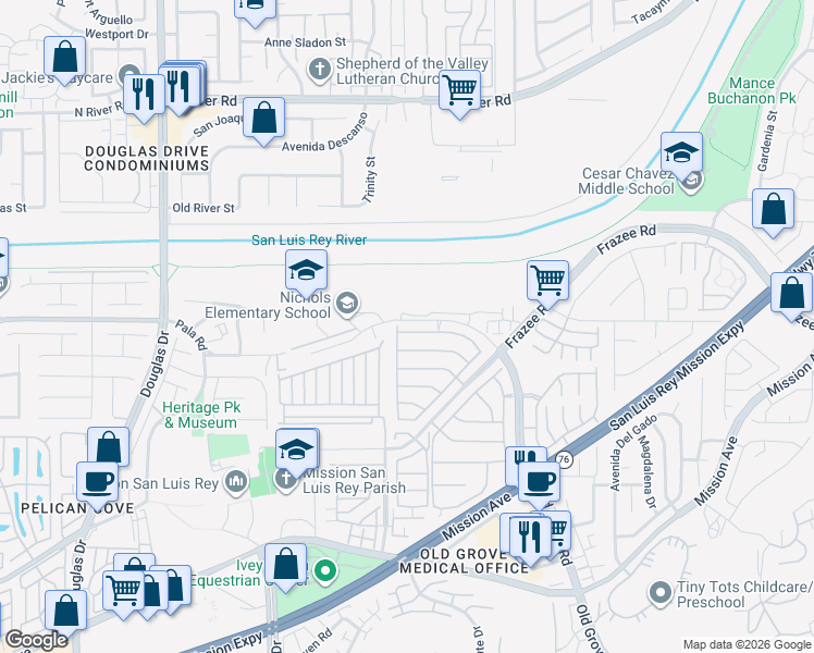 map of restaurants, bars, coffee shops, grocery stores, and more near 4306 Vista Verde Way in Oceanside