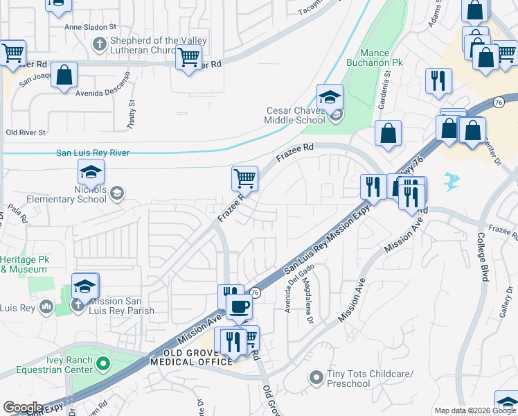 map of restaurants, bars, coffee shops, grocery stores, and more near 4508 Morning Dove Way in Oceanside