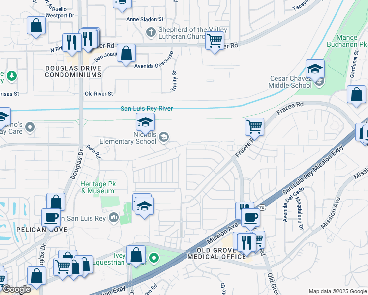 map of restaurants, bars, coffee shops, grocery stores, and more near 399 Alamo Way in Oceanside