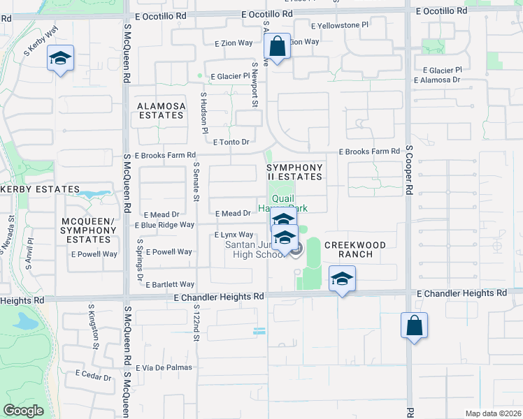 map of restaurants, bars, coffee shops, grocery stores, and more near 1450 East Crescent Way in Chandler