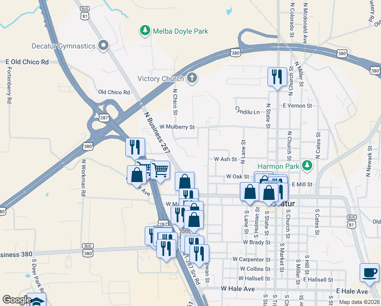 map of restaurants, bars, coffee shops, grocery stores, and more near 606 Crestridge Court in Decatur