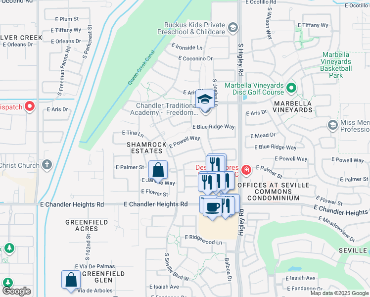 map of restaurants, bars, coffee shops, grocery stores, and more near 2948 East Powell Way in Gilbert