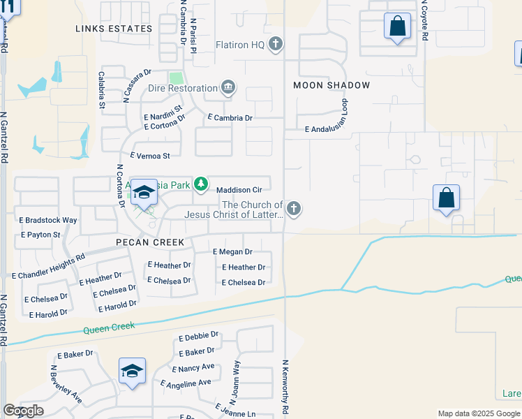 map of restaurants, bars, coffee shops, grocery stores, and more near 1697 East Anastasia Street in Queen Creek