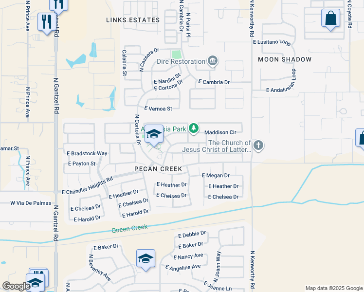 map of restaurants, bars, coffee shops, grocery stores, and more near 1283 East Maddison Street in Queen Creek