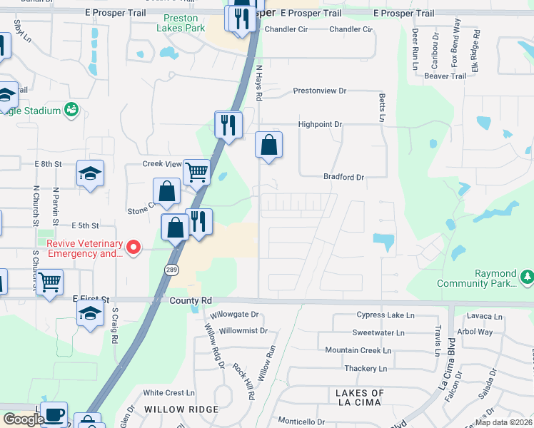 map of restaurants, bars, coffee shops, grocery stores, and more near 1507 River Hill Drive in Prosper