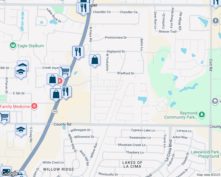 map of restaurants, bars, coffee shops, grocery stores, and more near 1802 Ridgewood Drive in Prosper
