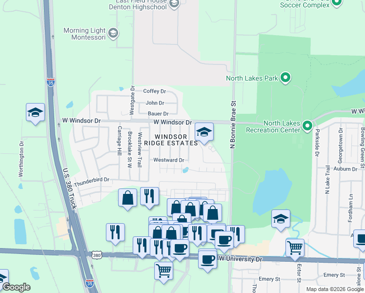 map of restaurants, bars, coffee shops, grocery stores, and more near 2305 Southway in Denton