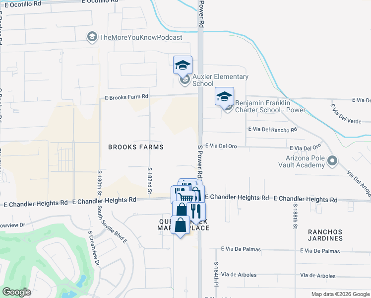 map of restaurants, bars, coffee shops, grocery stores, and more near 23120 South Power Road in Gilbert