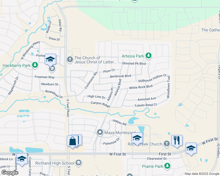 map of restaurants, bars, coffee shops, grocery stores, and more near 16029 Crosslake Court in Prosper