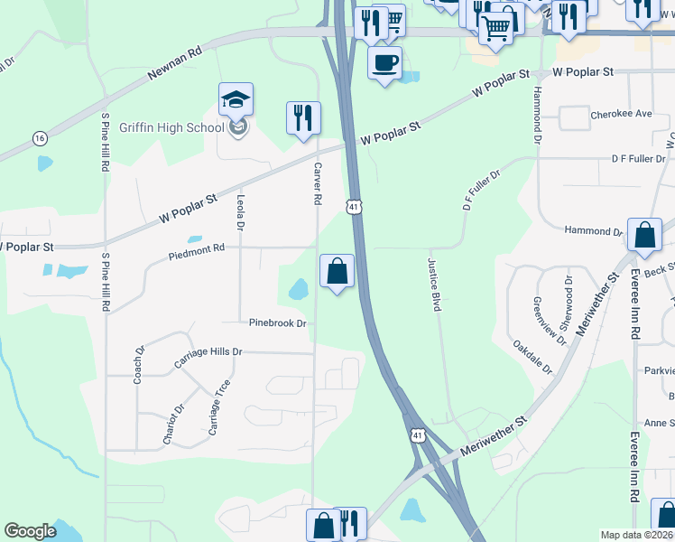 map of restaurants, bars, coffee shops, grocery stores, and more near 400-432 Carver Road in Griffin