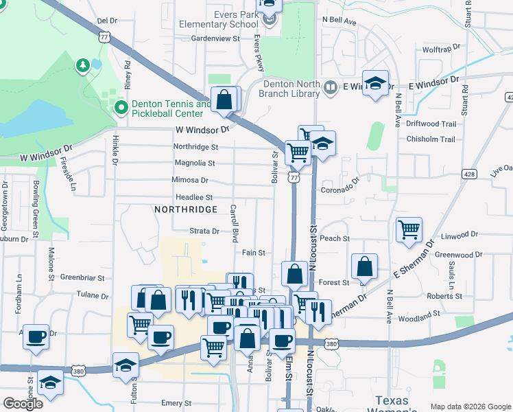 map of restaurants, bars, coffee shops, grocery stores, and more near 315 Mimosa Drive in Denton