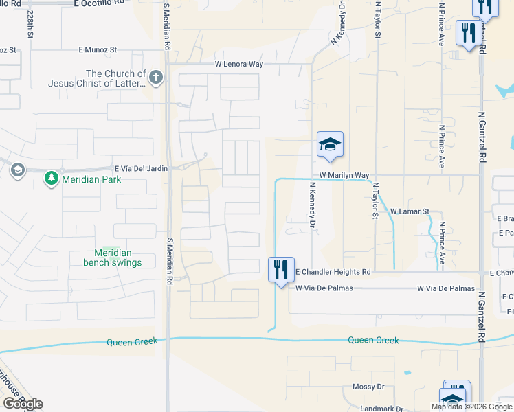 map of restaurants, bars, coffee shops, grocery stores, and more near 1182 Via Del Oro in Queen Creek
