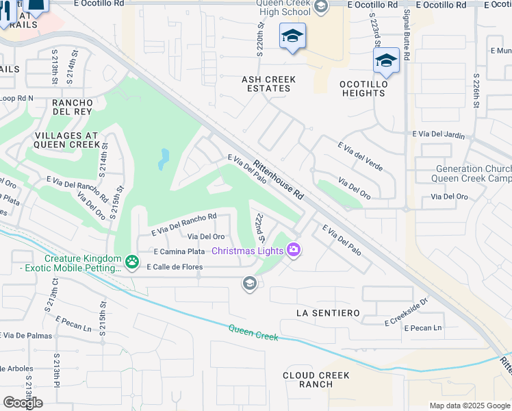 map of restaurants, bars, coffee shops, grocery stores, and more near 22162 East Via del Rancho in Queen Creek