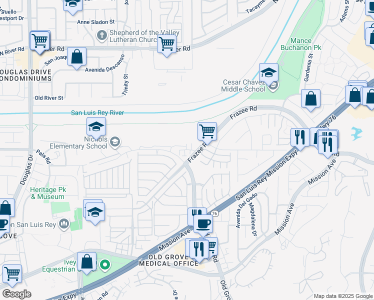 map of restaurants, bars, coffee shops, grocery stores, and more near Frazee Road in Oceanside