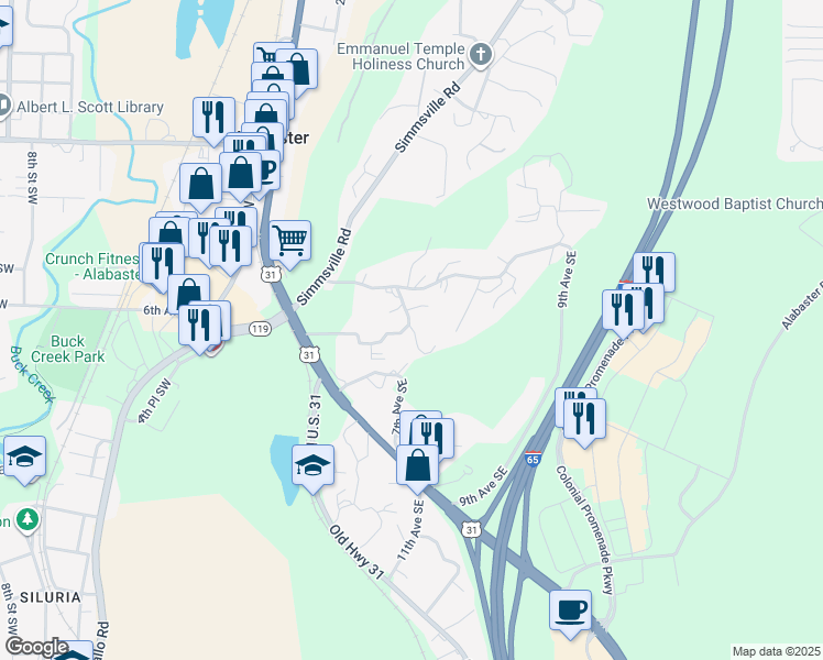 map of restaurants, bars, coffee shops, grocery stores, and more near 440 6th Avenue Southeast in Alabaster