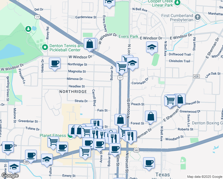 map of restaurants, bars, coffee shops, grocery stores, and more near 2704 Bolivar Street in Denton