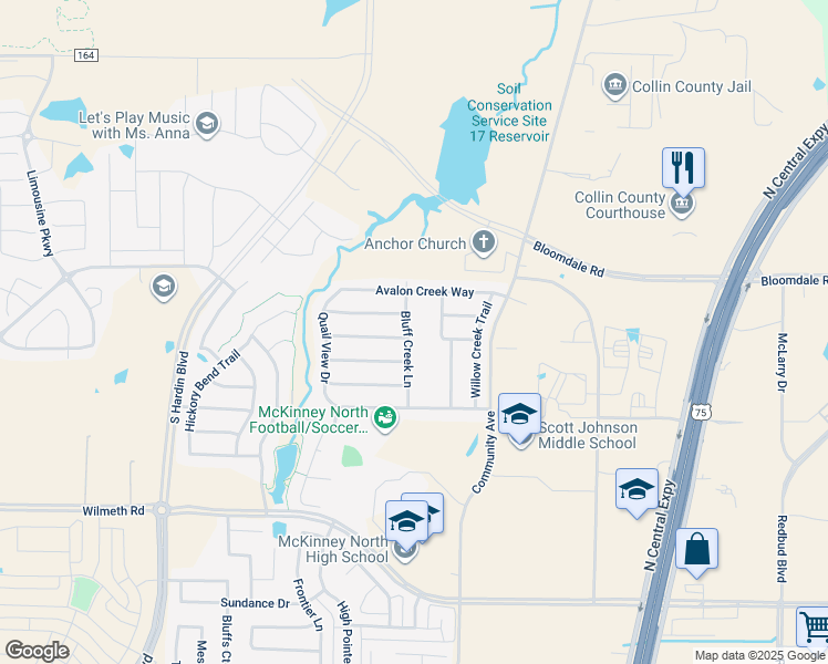 map of restaurants, bars, coffee shops, grocery stores, and more near 3704 Bluff Creek Lane in McKinney