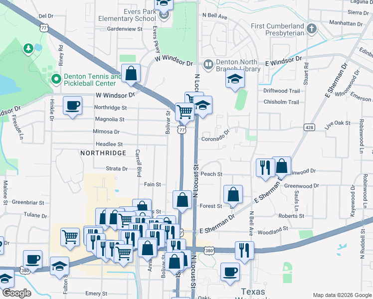 map of restaurants, bars, coffee shops, grocery stores, and more near 2616 N Elm St in Denton