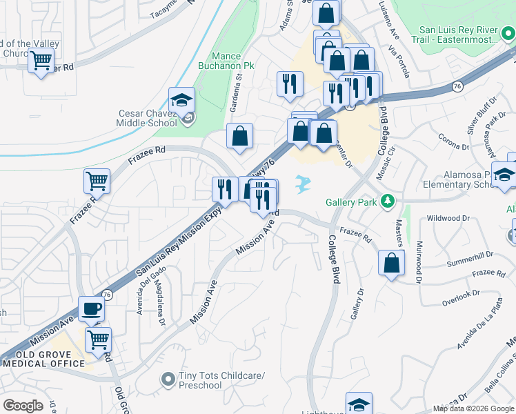 map of restaurants, bars, coffee shops, grocery stores, and more near Frazee Road in Oceanside