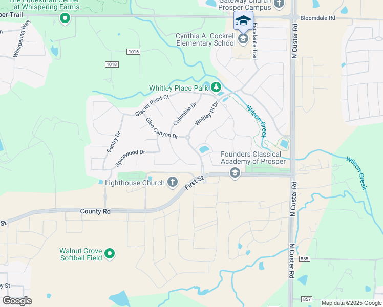 map of restaurants, bars, coffee shops, grocery stores, and more near 321 Whitley Place Drive in Prosper