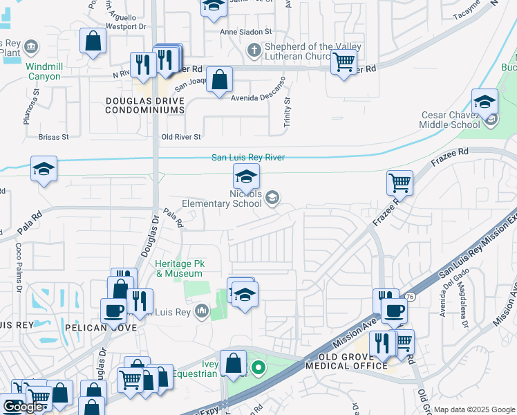map of restaurants, bars, coffee shops, grocery stores, and more near 4250 Old Grove Road in Oceanside