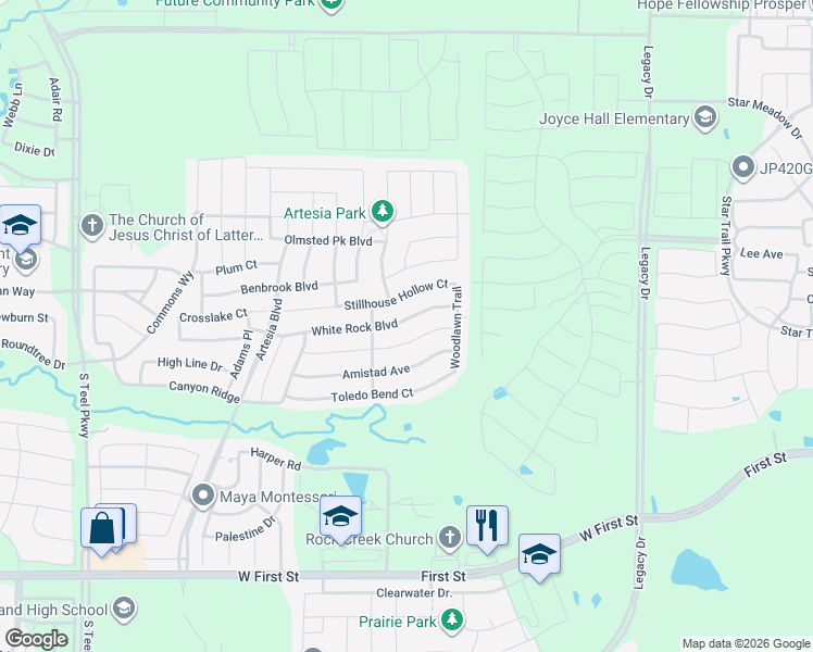 map of restaurants, bars, coffee shops, grocery stores, and more near 16613 White Rock Boulevard in Prosper