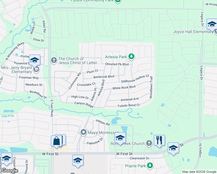 map of restaurants, bars, coffee shops, grocery stores, and more near 16220 Stillhouse Hollow Court in Prosper