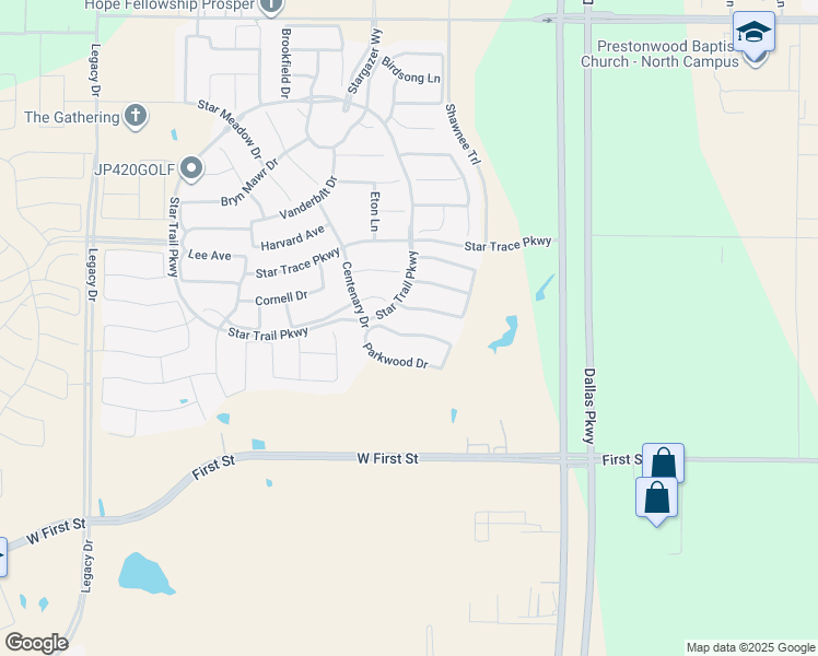 map of restaurants, bars, coffee shops, grocery stores, and more near 1730 Cottonwood Drive in Prosper