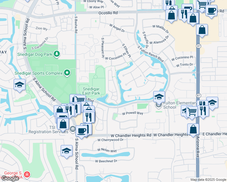 map of restaurants, bars, coffee shops, grocery stores, and more near 4700 South Fulton Ranch Boulevard in Chandler