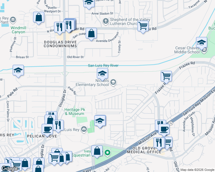 map of restaurants, bars, coffee shops, grocery stores, and more near 4250 Old Grove Road in Oceanside