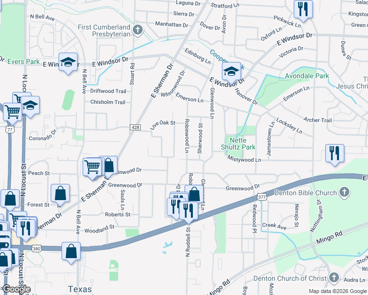 map of restaurants, bars, coffee shops, grocery stores, and more near 2508 Robinwood Lane in Denton