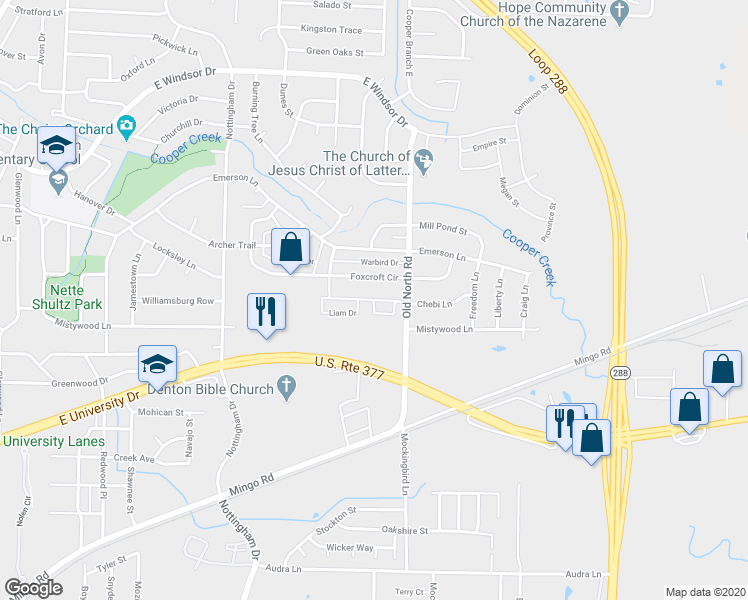 map of restaurants, bars, coffee shops, grocery stores, and more near 2221 Chebi Lane in Denton