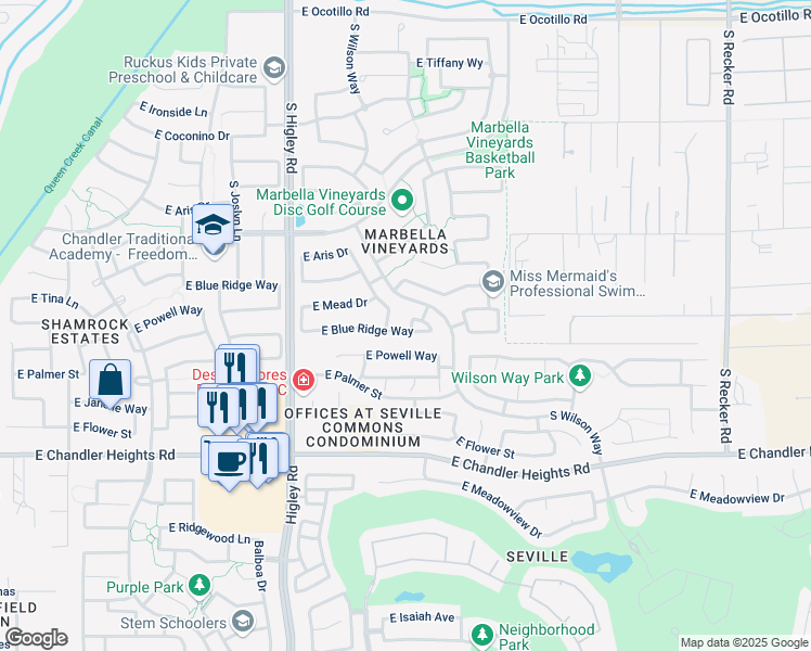 map of restaurants, bars, coffee shops, grocery stores, and more near 6166 South Inez Drive in Gilbert