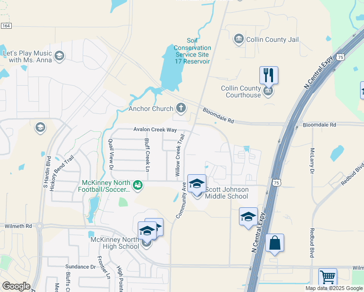 map of restaurants, bars, coffee shops, grocery stores, and more near 3708 Willow Creek Trail in McKinney