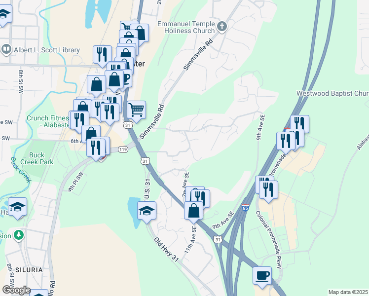 map of restaurants, bars, coffee shops, grocery stores, and more near 440 6th Avenue Southeast in Alabaster