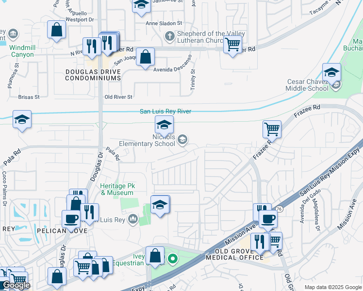 map of restaurants, bars, coffee shops, grocery stores, and more near 4250 Old Grove Road in Oceanside