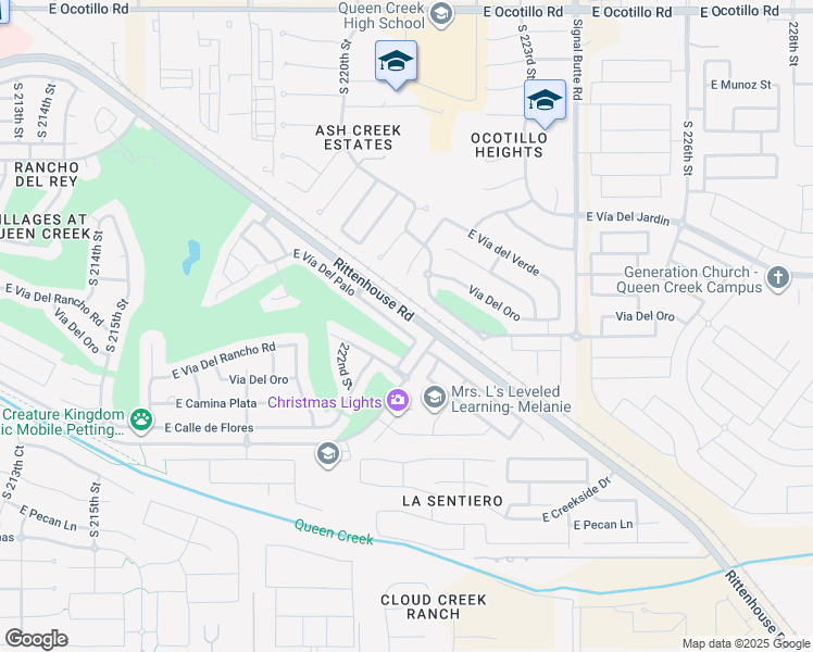 map of restaurants, bars, coffee shops, grocery stores, and more near 22262 East Vía Del Palo in Queen Creek