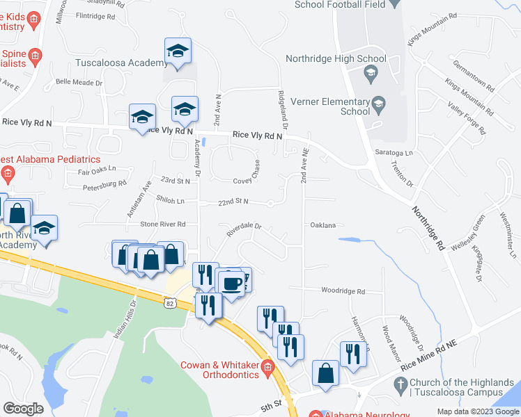 map of restaurants, bars, coffee shops, grocery stores, and more near 109 22nd Street North in Tuscaloosa
