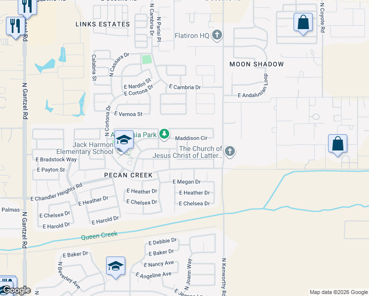 map of restaurants, bars, coffee shops, grocery stores, and more near 39538 North Laura Avenue in Queen Creek