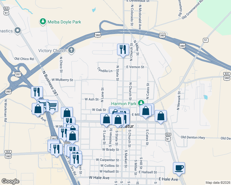 map of restaurants, bars, coffee shops, grocery stores, and more near 603 North Trinity Street in Decatur