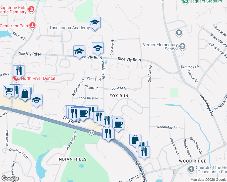 map of restaurants, bars, coffee shops, grocery stores, and more near 155 22nd Street North in Tuscaloosa