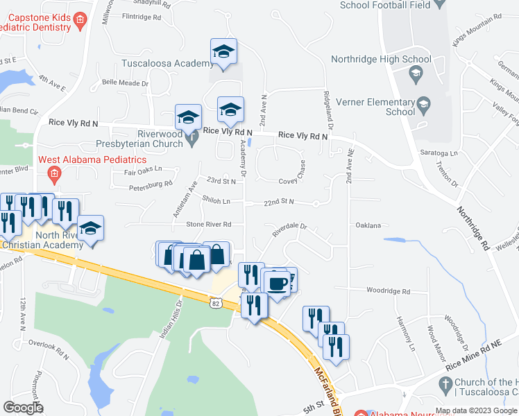 map of restaurants, bars, coffee shops, grocery stores, and more near 215 22nd Street North in Tuscaloosa