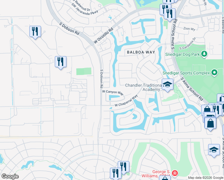 map of restaurants, bars, coffee shops, grocery stores, and more near 1894 West Canyon Way in Chandler